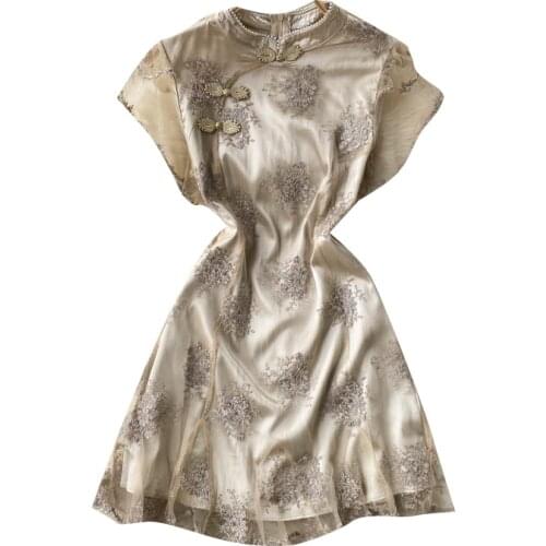 Vintage Chinese Style Improved Cheongsam Dress High Quality Beading Mesh Flowers Embroidery Elegant Slim Mini Dress