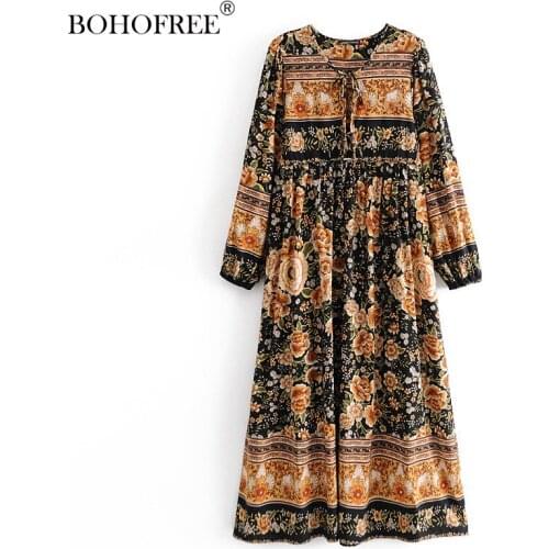 Shopify Drop Shipping Black Rose Print Long Tunic Dress Long Sleeve Lace Up Casual Bohemian Dresses
