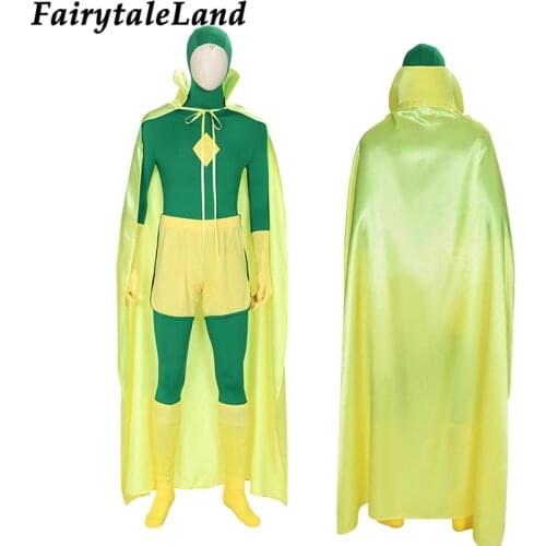 WandaVision Cosplay Superhero Costume Vision Green Bodysuit Fancy Halloween Carnival Clothing With Cloak