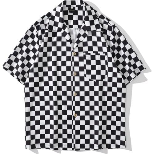 Yellow Checkerboard Oversize Plaid Shirt Men Casual Black White Short Sleeve Checkered Shirts Harajuku Vintage Blouse For Women