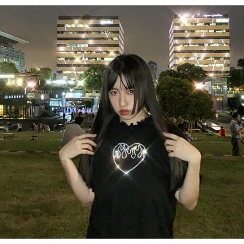 T-Shirts Women Rhinestone Heart Letter Print Black Top Summer Short Sleeve Y2k Vintage Harajuku Punk Gothic Korean Loose Clothes