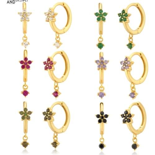 ANDYWEN 925 Sterling Silver Gold Rainbow CZ Flower Drop Earring Women Fine Jewelry Piercing Clips Jewels Round CZ Colorful Loops