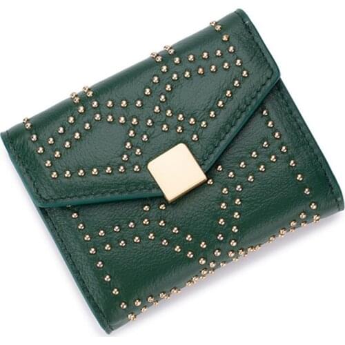 Cow Genuine Leather Womens Wallet Small Luxury Rivets Studded Mini Wallets for Women Short Card Holder Fashion Purses