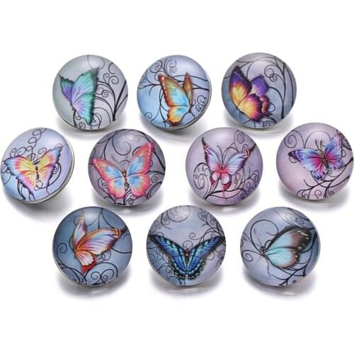 10pcs/lot New Snap Jewelry Mixed Vintage Butterfly Glass Snap Buttons Fit 18mm 20mm Snap Bracelet for Women Button Jewelry