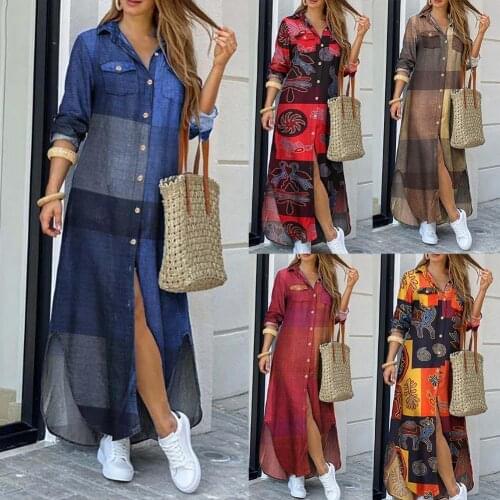 Women Elegant Button Down Long Shirt Dress Summer Chain Print Lapel Neck Party Dress Casual Long Sleeve Maxi Beach Dress Vestido