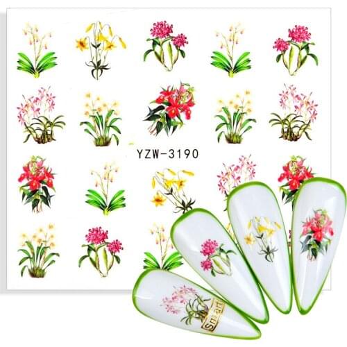 1 Sheet Flowers Geometric Lines Nail Water Sticker Floral Watermarks Slider Green Leaves Bouquet Nail Art Decoration Decals