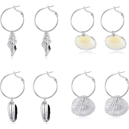 1Pair Unique Metal Color Natural Shell Hoop Earrings Women Bohemian Elegant Seashell Pendant Circle Earrings Jewelry E317