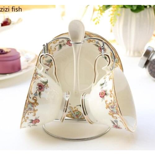 British Style 2pcs Bone China Tea Cups with Cup Holder Retro Coffee Mugs Ceramic Milk Container Low-key Luxury Tabletop Tea Set