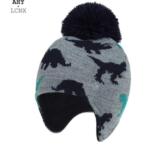 2020 Cartoon Winter Baby Bonnet Hat Thicken Warm Cotton Childrens Kids Knitted Hats Dinosaur Boys Girls Ear Cap For Newborn