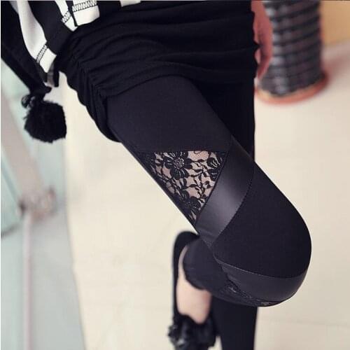 Free Shipping Fashion Leggins Triangular floral lace fake leather pants lady sexy 9 pant Skinny Stretch Pants for spring autumn