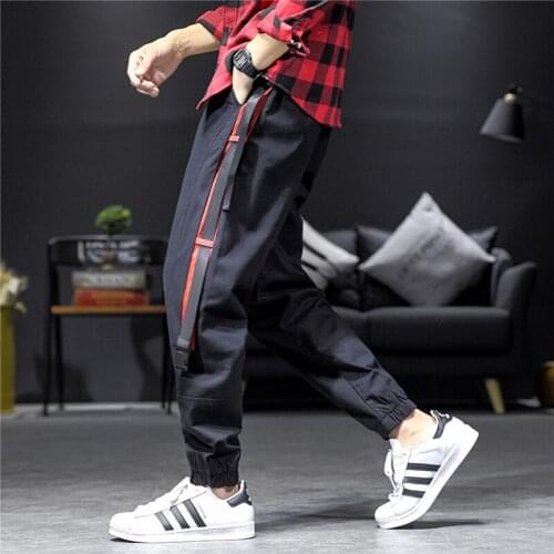 Nice Pop Japanese Style Fashion Men Cargo Pants Hombre Casual Ribbons Black Color Streetwear Hip Hop Jogger Pants Men Trousers