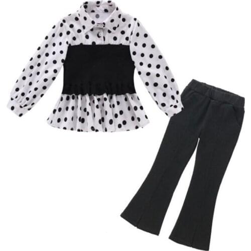 DFXD Kids Outfits Spring 2020 Teen Girls Clothing Set New Elastic Waist Dot Patchwork Chiffon Shirt Black Flare Pant 2PC 3-12T