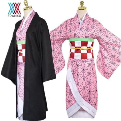 Anime Demon Slayer Kamado Nezuko Kimono Cosplay Costume Kamado Tanjirou Kimono Dress Uniform Synthetic Hair Wigs Women Girls