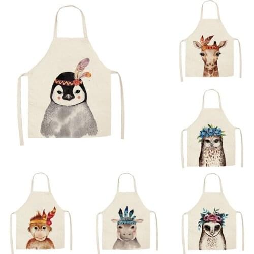 Linen National Wind Feather Animal Print Kitchen Aprons Unisex Dinner Party Cooking Bib Funny Pinafore Cleaning Apron 55x68cm
