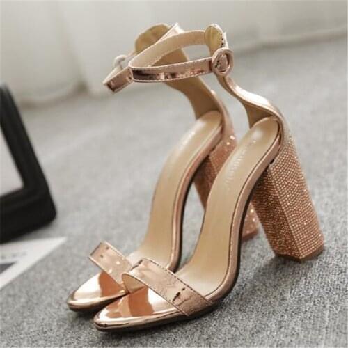 Summer Women Ankle Strap Sandals Gold PU Buckle Strap Square heel 10CM High Heels Sandals Women Shoes Sexy Pumps