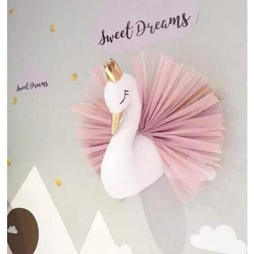 Cute 3D Golden Crown Swan Wall Art Hanging Girl Swan Doll Stuffed Toy Animal Head Wall Decor for Kids Room Birthday Wedding Gift