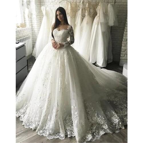 Fashion African Ball Gown Wedding Dress Long Sleeve Nigeria Lace Appliqued Bridal Gown