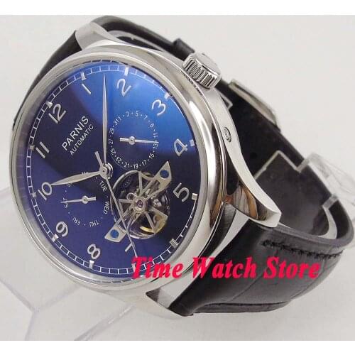Parnis 43mm ST 2552 Automatic mens watch Date Week display waterproof black dial silver marks leather strap