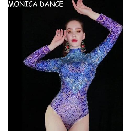 Nightclub Sexy Stage Blue Purple Rhinestone Bodysuit Lady Birthday Celebrate Outfit Prom Women Dancer Show Evening Stage Wear