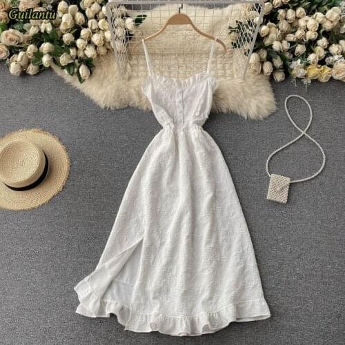 Guilantu Spaghetti Strap Backless Sexy Club Dresses Women Summer Sleeveless Elegant Vintage Robe Longue White Dress Vestidos