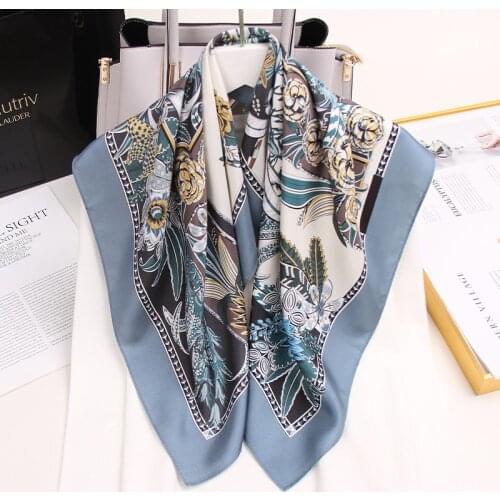 68X68CM Real Silk Square Scarf Luxury Women Bandana Foulard Femme Blue Print Neck Scarf Neckerchief Silk Hair Scarf 16mm