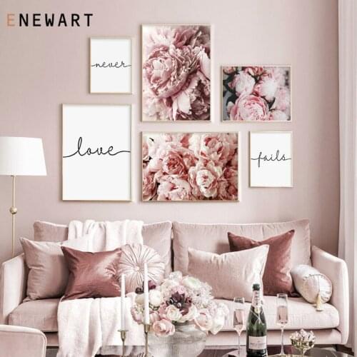 Pink Peony Flower Poster and Print Love Quote Wall Art Floral Picture Bedroom Decorative Canvas Painting Nordic Home Decor
