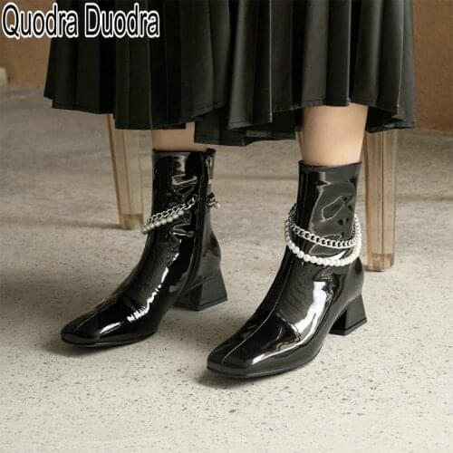 Patent Leather boots new Winter Women shoes zip solid Thick High Heels Fashion chain Female chunky Genuine Leather size slip-on