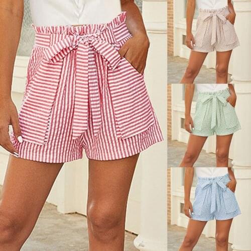 Summer Casual Loose Shorts Women Beach Stripe Pockets Bandage Elastic High Waist Shorts Female Holiday Vocation Short