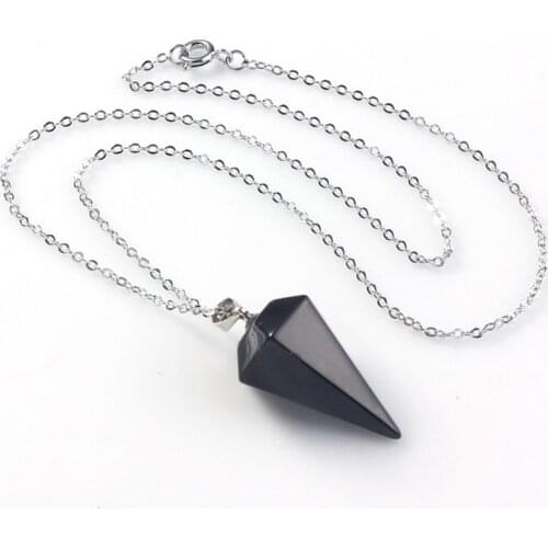 Trendy-beads Silver Plated Black Agates Hexagon Pyramid Pendant Link Chain Necklace Fashion Jewelry