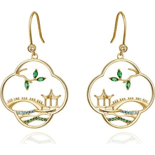 Chinese Style Vintage Jewelry Gold Color Alloy Sparkly Rhinestone Bridge Earrings for Women Big Hollow Geometric Drop Earrings