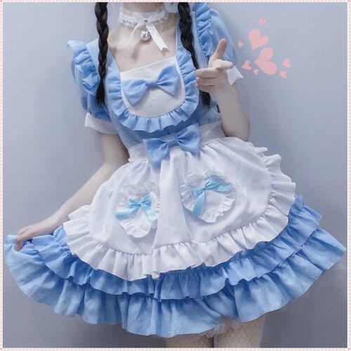 Japanese Maid Cosplay Blue Pure Kawaii Lolita Dress Sexy Cream Little Sweetheart Maid Outfit Innocent Girl loli cos