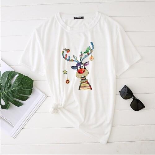 Seeyoushy Colorful Deer Printing Christmas Womens T-shirts Graphic Tee Streetwear Shirts for Women Casual Crew Neck Ladies Top