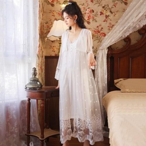 Wasteheart New White Mesh Women Sleepwear Nightwear Lace Long Sexy Robes Gown Cotton Woven Female Pajama Sets Homewear 2 Pcs