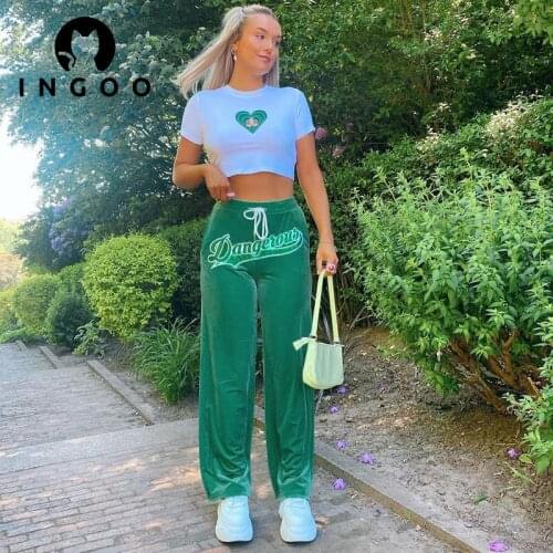 INGOO Y2k Street Tracksuit 2 Pieces Set Women Casual Print Cropped Tops And Letter Straight Sweatpants Suit Female Sport Outfits