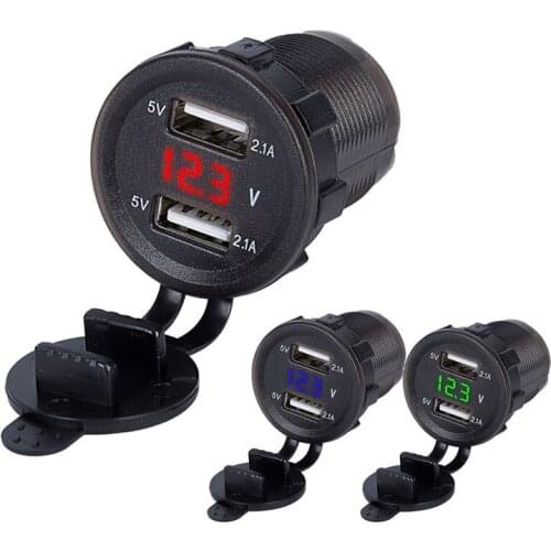 12V-24V Dual USB Car Charger Waterproof Universal Car Charger LED Display Cigarette Lighter Socket Charger For Car Motorcycle