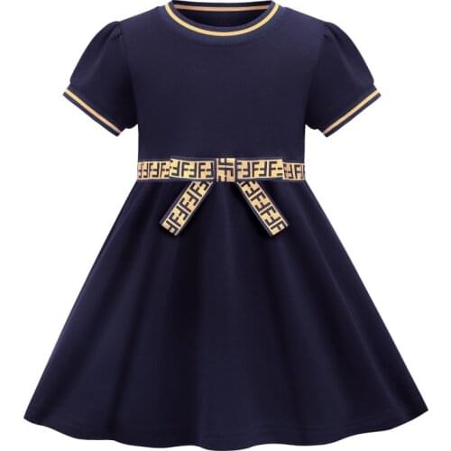 2021 Summer Costumes Fashion Bow Girl Dress Princess Party Letter Print Casual Wear Short Sleeve Kids Clothing 2-7 Years