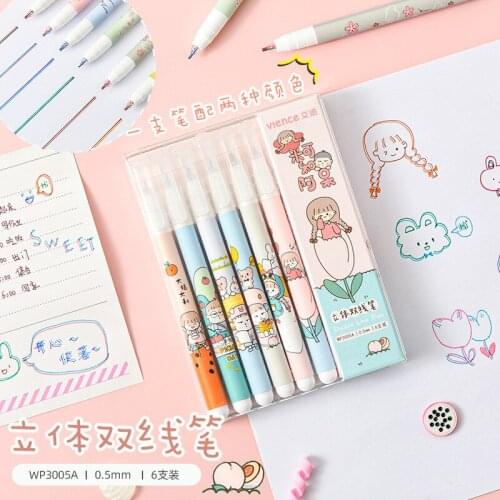 6Pcs Kawaii Multi-Function Cute Creative Double-Line Marked Stereo Color Gel Ink Pen School Office Stationary