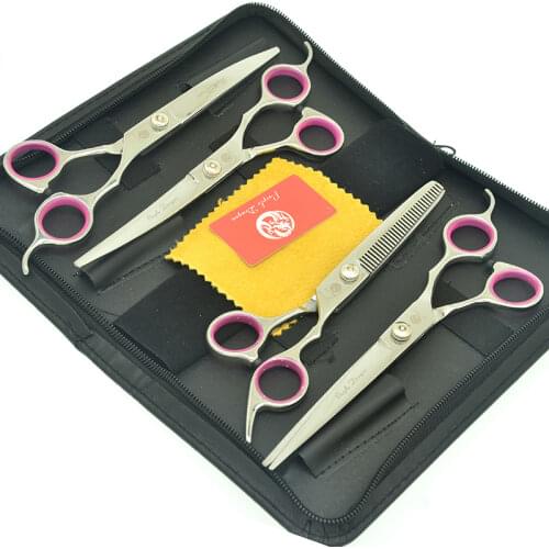 7.0 Inch 4Pcs/Set JP440C Purple Dragon Pet Grooming Scissors Silver Dog Shears Big Straight &Thinning&Curved Scissors LZS0508