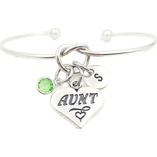 Aunt Family Heart Creative Initial Letter Monogram Birthstone Adjustable Bracelet Fashion Jewelry Women Gift Accessories Pendant