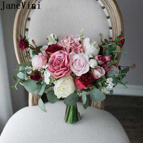 JaneVini 2021Artificial Wedding Flowers Bridal Bouquets Dusty Pink fleur rose Silk Brides Hand Holding Flower Eucalyptus Vintage