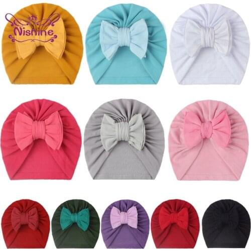 Nishine Double Layer Solid Color Bowknot Baby Turban Hat Cute Handmade Bows Newborn Caps Infant Headwear Kids Hair Accessories