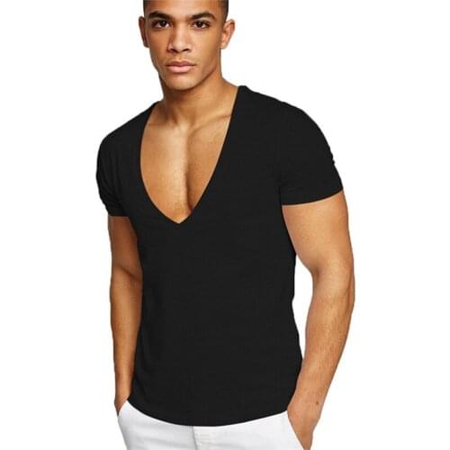 Shirts Men Deep V Neck Short Sleeve Tshirts Summer Streetwear Casual Solid Slim Cotton Tees Gym Fitness Boxing T Shirt Tops