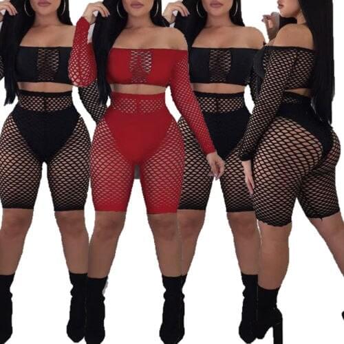 Sexy Womens Long Sleeve See Through Mesh Fishnet Crop Top T-Shirt + Panties Set
