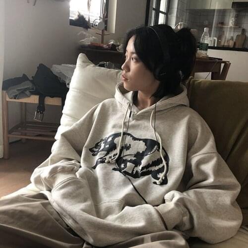 Fashion Womens korean Casual Loose Polar Bear Pattern Hooded Pullover Sweatshirt Light Gray Loose for Men and Women clothes