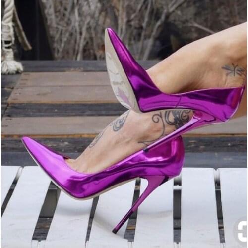 Moraima Snc Sexy High Heel Shoes Woman Purple Mirror Leather Thin Heels Pumps Shallow Party Dress Heels Size 35-42