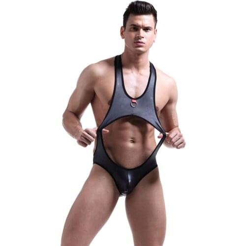 Mens Sexy Bodysuit Wrestling Singlet Patent Leather Suspender Back One-Piece Underwear Wrestling Suit Leotard Jumpsuits