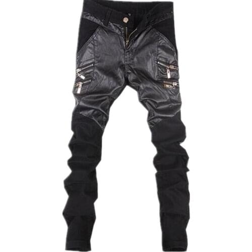 New Korean Men Jeans Brand High Quality Skinny Casual Motorcycle Leather Patchwork Hip Hop Jean Straight Rock Style Clothing Men