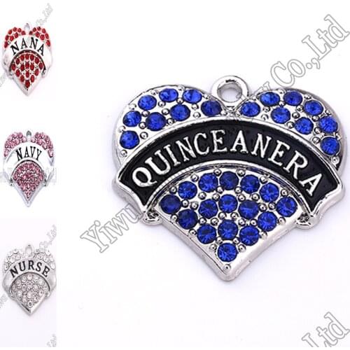 New Arrival 20 pcs a lot rhodium plated NANA/NAVY/NURSE/ QUINCEANERA with crystal heart pendant
