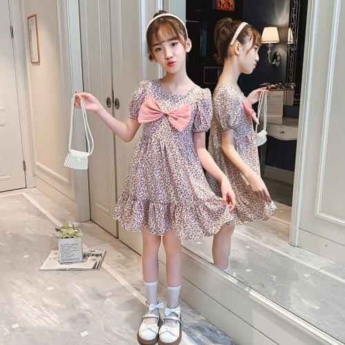 Baby Girls Summer Big Bowknot Dresses New Fashion Chiffon Floral Print Children Clothing Ruffles Princess Kids Dresses Costume
