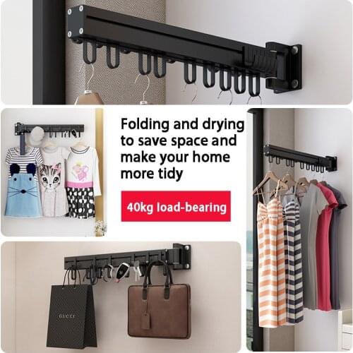 Drying Rack Black Folding Wall Mounted Telescopic Clothes Rack Indoor And Outdoor Simple Clothes Storage Hanger Hook Clothesline